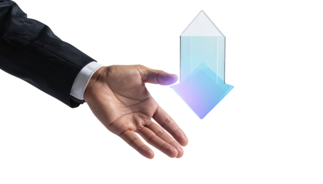 ビジネスマンの手が触れるガラス質感のダウンロードアイコン｜背景なし・透過PNG・コピースペース