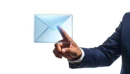 ビジネスマンの指先が触れる3Dガラス風メールアイコン｜背景なし・透過PNG・コピースペース