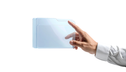 未来感あふれる透明フォルダアイコンに触れるビジネスマンの手｜背景なし・透過PNG・コピースペース