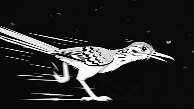 Speedy Roadrunner: A monochrome illustration captures the incredible swiftness of a roadrunner dashing across a dark backdrop, epitomizing speed and agility.