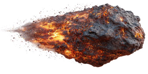 Fiery rock hurtling through space, trailing incandescent debris