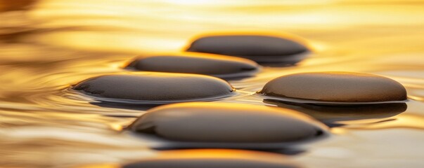 Golden Serenity, Tranquil stones amidst shimmering water flow