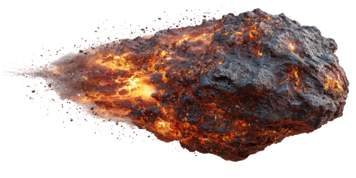 Fiery rock hurtling through space, trailing incandescent debris