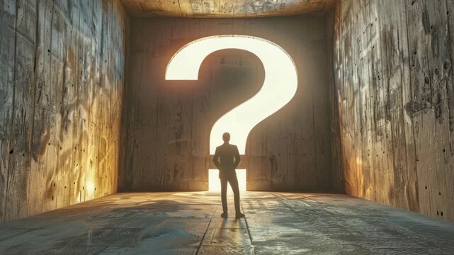 This is an  of a person standing inside a room that appears mysterious due to the large question mark painted on the wall. The lighting suggests it might be an old, possibly abandoned building.