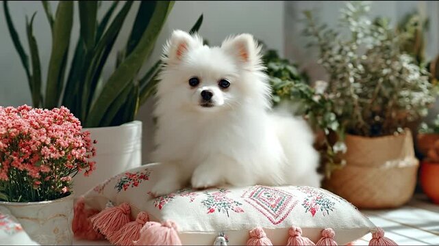 Fluffy white dog relaxing on a decorative cushion near potted plants