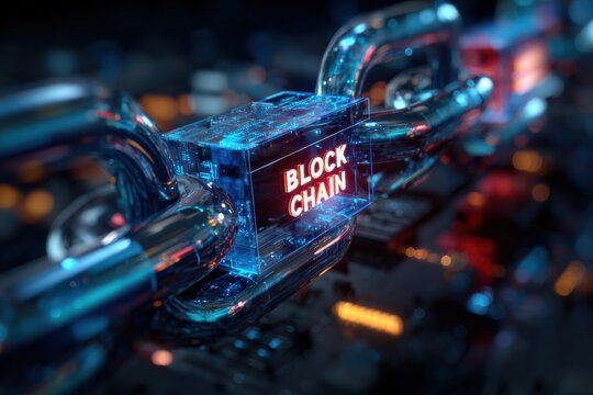 Futuristic blockchain chip glowing with digital data pathway / High-tech blockchain circuit 