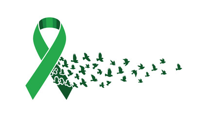 Green ribbon symbolizing hope and freedom as birds take flight, ideal for mental health awareness and community campaigns