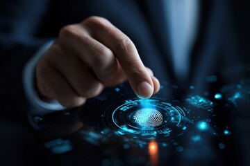 Business hand activating futuristic fingerprint scanner on digital interface / User interacting with glowing biometric fingerprint