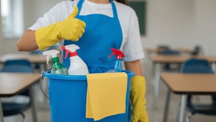 Professional janitor in a blue apron and yellow gloves gives a thumbs up while holding a bucket of cleaning supplies in a clean school classroom