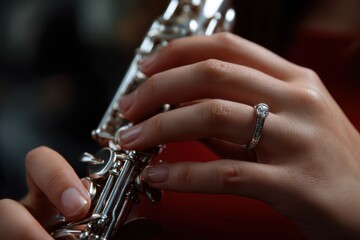 Close-up hands playing silver flute with elegant ring detail