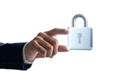 セキュリティ概念を象徴するロックアイコンに触れるビジネスマンの手｜背景なし・透過PNG・コピースペース