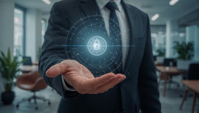 Professional in a suit presenting a glowing digital lock icon, symbolizing advanced cybersecurity and data protection for a secure business future