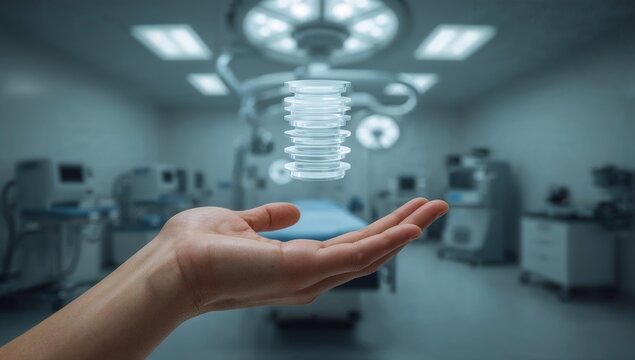 Future of medicine revealed Human hand presenting an advanced holographic spinal model in a high-tech operating room, embodying scientific innovation and surgical progress