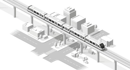 Naklejka premium Isometric illustration showcasing modern metropolis with elevated rapid transit