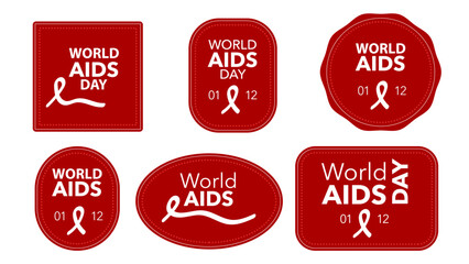 World AIDS Day Sticker Greetings Set with Ribbon and Awareness Icons.Hand Drawn Flat Design Vector Collection.