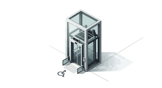 Isometric illustration showcasing modern accessibility-friendly glass elevator design