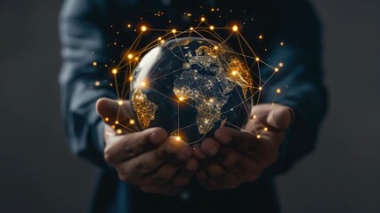 A person holding a globe surrounded by digital sparkles. - Powered by Adobe