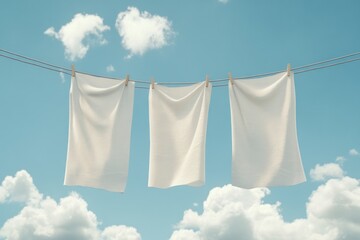 Clean white laundry drying on a clothesline against a serene blue sky