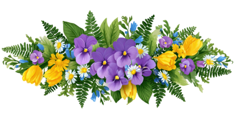 Vibrant floral arrangement of  yellow tulips, purple pansies, and white daisies, with lush greenery