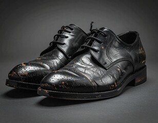 歩き続けた時間を刻む黒いビジネスシューズ