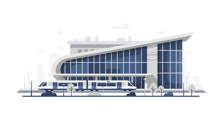 Modern Train Station Illustration with High-Speed Train and Cityscape