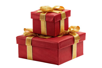 Obraz premium Two red gift boxes, stacked, with gold ribbon