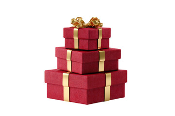 Three red gift boxes stacked, tied with gold ribbon
