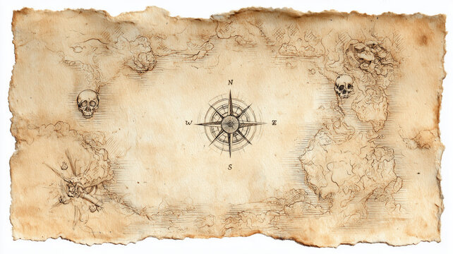 Hand-Drawn Watercolor Treasure Map on Old Parchment with Blank Center for Text