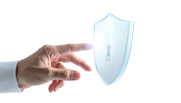 セキュリティ保護を象徴する透明なシールドに触れるビジネスマンの手｜背景なし・透過PNG・コピースペース