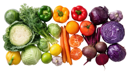 Colorful array of fresh vegetables and fruits, arranged in a rainbow pattern