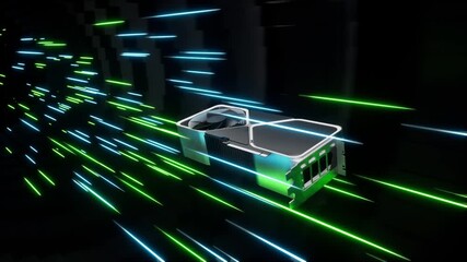 High-speed graphic processing unit traveling through digital data tunnel - Powered by Adobe