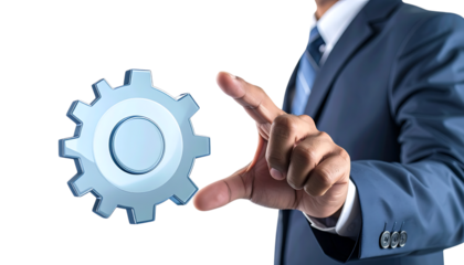 ガラス調の設定アイコンに手を伸ばすビジネスマン｜背景なし・透過PNG・コピースペース