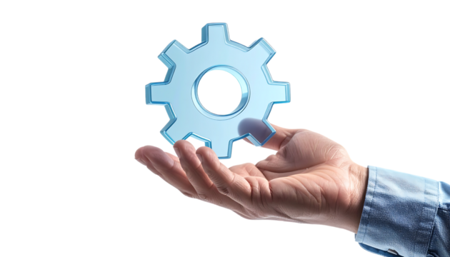 ガラス調の設定アイコンに手を伸ばすビジネスマン｜背景なし・透過PNG・コピースペース - Powered by Adobe