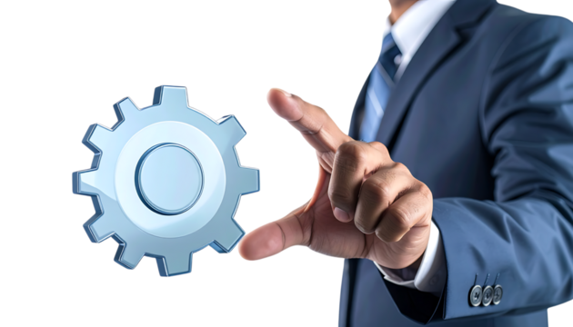 ガラス調の設定アイコンに手を伸ばすビジネスマン｜背景なし・透過PNG・コピースペース