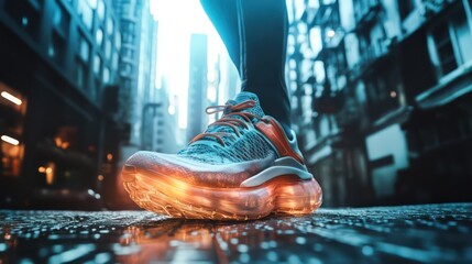 Running adventure in the city urban streets sports photography nighttime glow close-up view dynamic energy