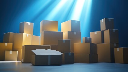 Mysterious stacks of cardboard boxes bathed in ethereal light beam