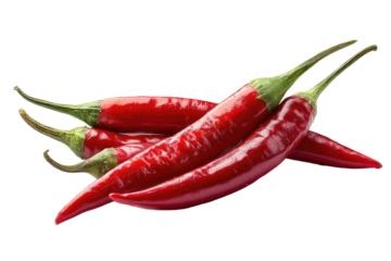 Close-up of three red chili peppers.  Bright, glossy,  and vivid red.  Sharp, pointed ends.  Green stems.  Slightly overlapping,  suggesting freshness