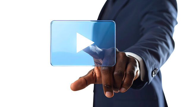 動画再生ボタンに触れるビジネスマンの手｜背景なし・透過PNG・コピースペース - Powered by Adobe