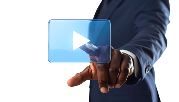 動画再生ボタンに触れるビジネスマンの手｜背景なし・透過PNG・コピースペース