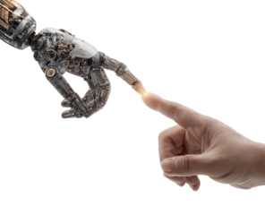 Mechanical hand reaching toward a human hand.  Intricate robotic arm with visible gears and wires interacts with a human fingertip.  A glowing point of contact