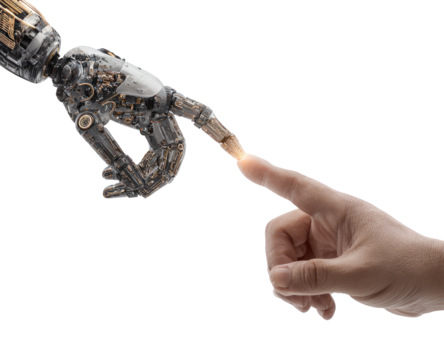 Mechanical hand reaching toward a human hand.  Intricate robotic arm with visible gears and wires interacts with a human fingertip.  A glowing point of contact