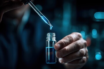 Close-up of hands holding dropper and vial with liquid in dark lab setting