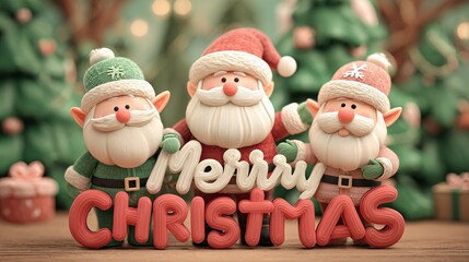 A festive Christmas scene, complete with jolly Santa Claus and playful elves, creates a whimsical holiday atmosphere. Merry Christmas Banner