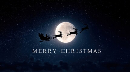 An enchanting Christmas eve spectacle unfolds, with a silhouette of Santa Claus in his sleigh drawn by reindeer against a starlit night sky and the giant moon. Merry Christmas Banner