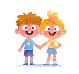 Two cute kids Boy and Girl friends holding hands. Cheerful happy children character cartoon for kindergarten and preschool. Colorful vibrant and fun childhood characters vector illustration.