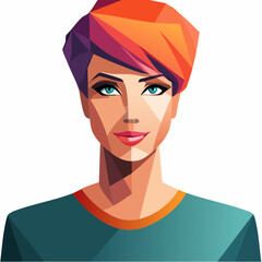 Geometric Portrait of a Woman with Striking Red Eyes and Short Hair.