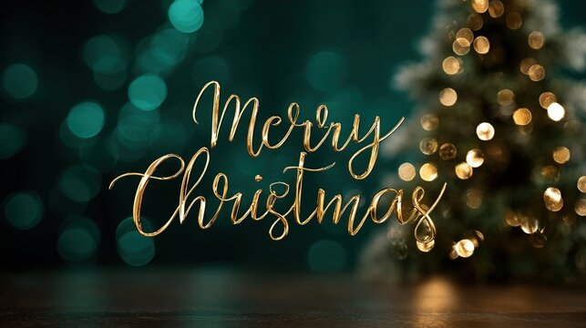 A festive Christmas scene with golden text, evoking the warm atmosphere of the holiday, shimmering against a bokeh background, the focal point on the cheerful season. Merry Christmas Banner