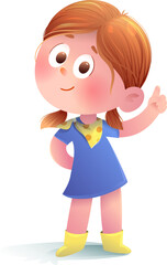 Cute smiling girl with pigtails pointing up. Adorable little baby girl character showing with finger up, mascot for children education. Hand drawn vector cartoon illustration for kids and children.