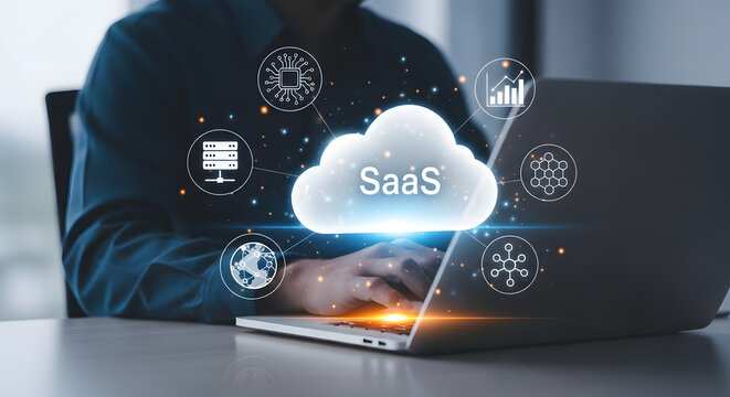 Businessperson working on a laptop with a glowing SaaS cloud icon and digital network connections overlaying the image representing cloud computing and software as a service technology