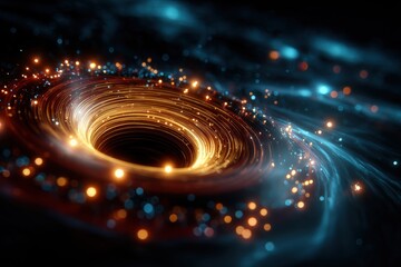 Futuristic energy vortex with glowing light trails / Sci-fi wormhole tunnel in deep space